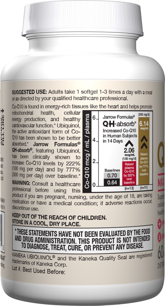 slide 3 of 4, Jarrow Formulas QH-absorb 100 mg Max Absorption - Ubiquinol - Dietary Supplement - Supports Mitochondrial Health, Cellular Energy Production & Cardiovascular Function - Up to 60 Servings (Softgels), 60 ct