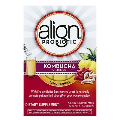 slide 1 of 1, Align Probiotic Kombucha On-The-Go Lemon Ginger, 7 ct