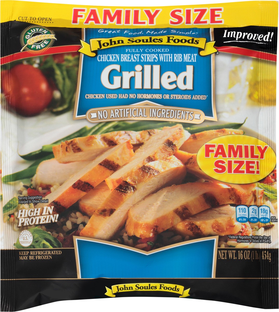 slide 3 of 7, John Soules Foods Fresh, Fully Cooked Chicken Breast Strips With Rib Meat - Grilled - Family Size, 16 oz, 16 oz