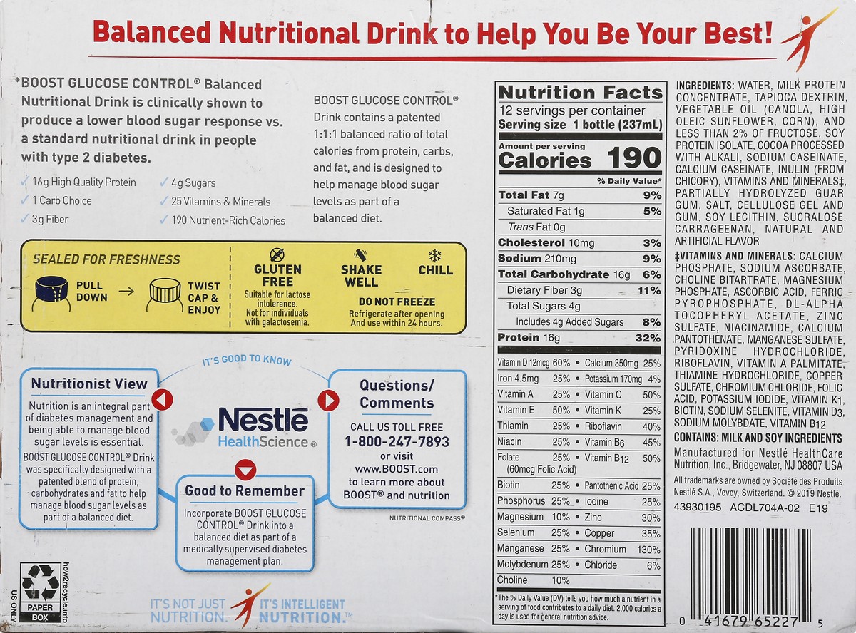 slide 7 of 10, Boost Glucose Control Ready to Drink Nutritional Drink, Rich Chocolate Nutritional Shake, 12 - 8 FL OZ Cartons, 12 ct; 8 fl oz