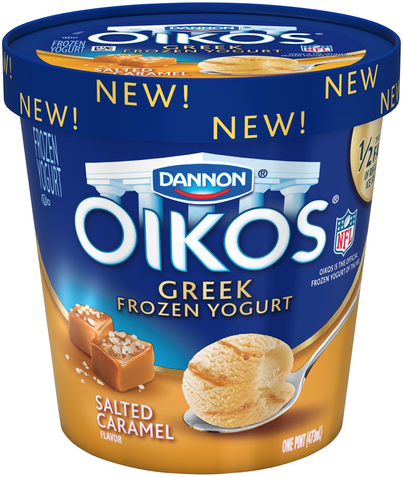 slide 1 of 1, Dannon Oikos Salted Caramel Greek Frozen Yogurt, 1 pint