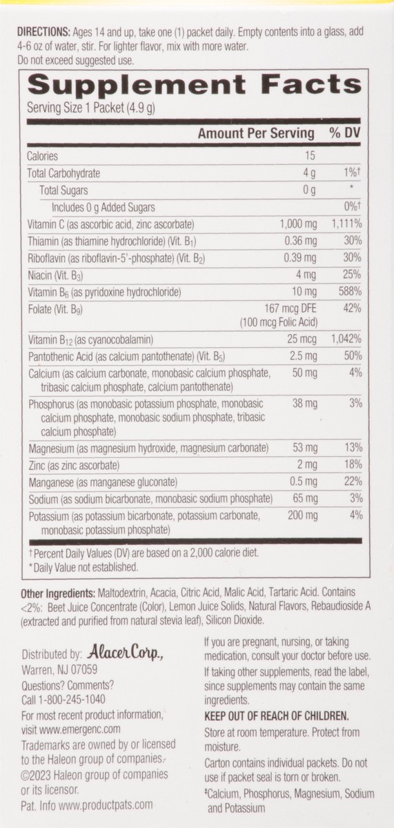 slide 8 of 13, Emergen-C Zero Sugar Powder, 1000 mg Vitamin C for Daily Immune Support, Vitamin C Supplements with Zinc and Manganese, B Vitamins and Electrolytes, Raspberry Lemonade Flavor - 18 Count, 18 ct