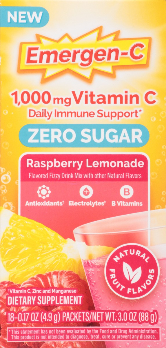 slide 2 of 13, Emergen-C Zero Sugar Powder, 1000 mg Vitamin C for Daily Immune Support, Vitamin C Supplements with Zinc and Manganese, B Vitamins and Electrolytes, Raspberry Lemonade Flavor - 18 Count, 18 ct