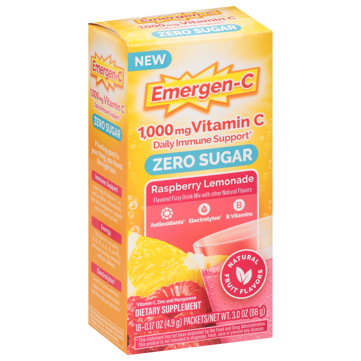 slide 13 of 13, Emergen-C Zero Sugar Powder, 1000 mg Vitamin C for Daily Immune Support, Vitamin C Supplements with Zinc and Manganese, B Vitamins and Electrolytes, Raspberry Lemonade Flavor - 18 Count, 18 ct