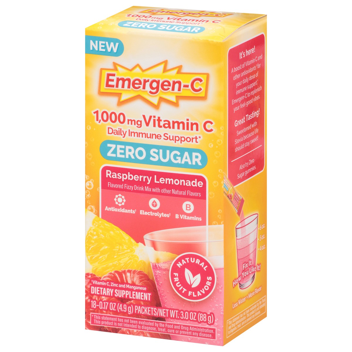 slide 10 of 13, Emergen-C Zero Sugar Powder, 1000 mg Vitamin C for Daily Immune Support, Vitamin C Supplements with Zinc and Manganese, B Vitamins and Electrolytes, Raspberry Lemonade Flavor - 18 Count, 18 ct