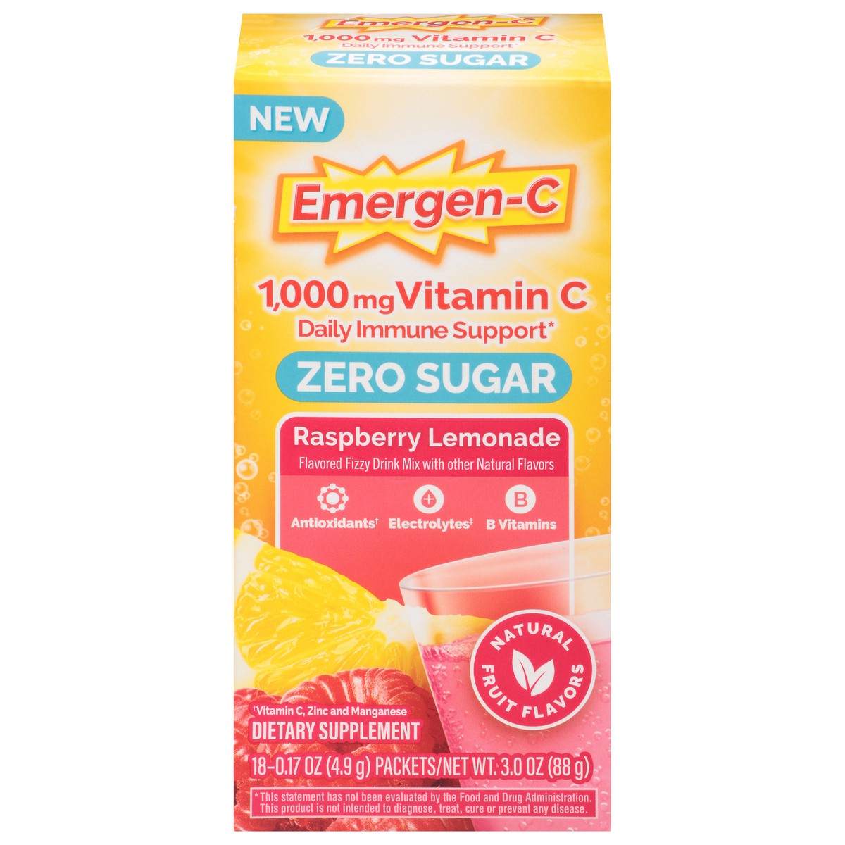 slide 7 of 13, Emergen-C Zero Sugar Powder, 1000 mg Vitamin C for Daily Immune Support, Vitamin C Supplements with Zinc and Manganese, B Vitamins and Electrolytes, Raspberry Lemonade Flavor - 18 Count, 18 ct