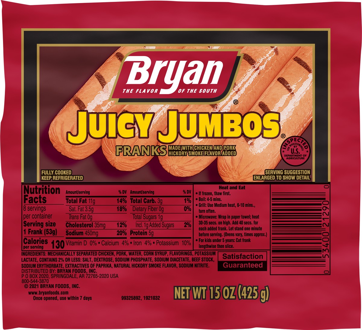 slide 7 of 8, Bryan Juicy Jumbos Hot Dogs, 8 Count, 425.24 g