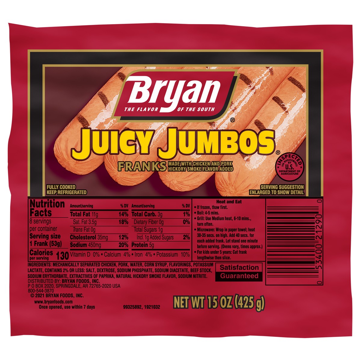 slide 8 of 8, Bryan Juicy Jumbos Hot Dogs, 8 Count, 425.24 g