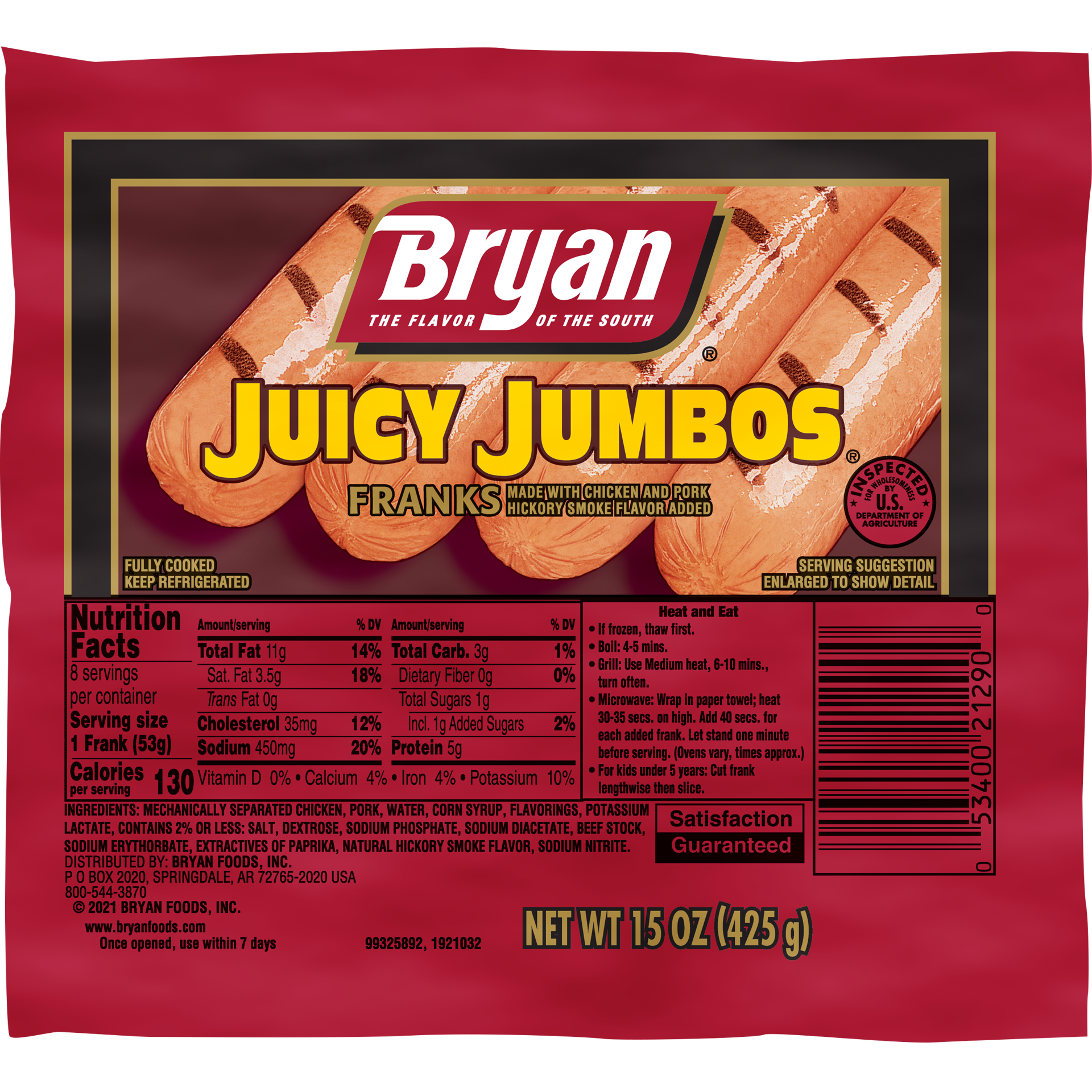 slide 1 of 8, Bryan Juicy Jumbos Hot Dogs, 8 Count, 425.24 g