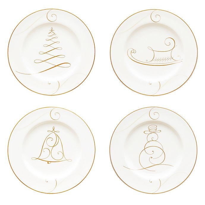 slide 1 of 1, Noritake Golden Wave Snowman/Bell/Tree/Sleigh Holiday Appetizer Plates, 4 ct