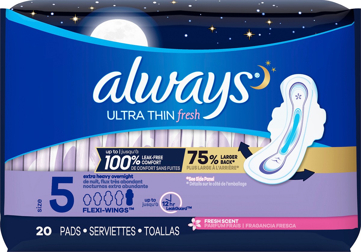 slide 4 of 4, Always Ultra Thin Fresh Size 5 Extra Heavy Overnight Flexi-Wings Fresh Scent Pads 20 ea, 20 ct