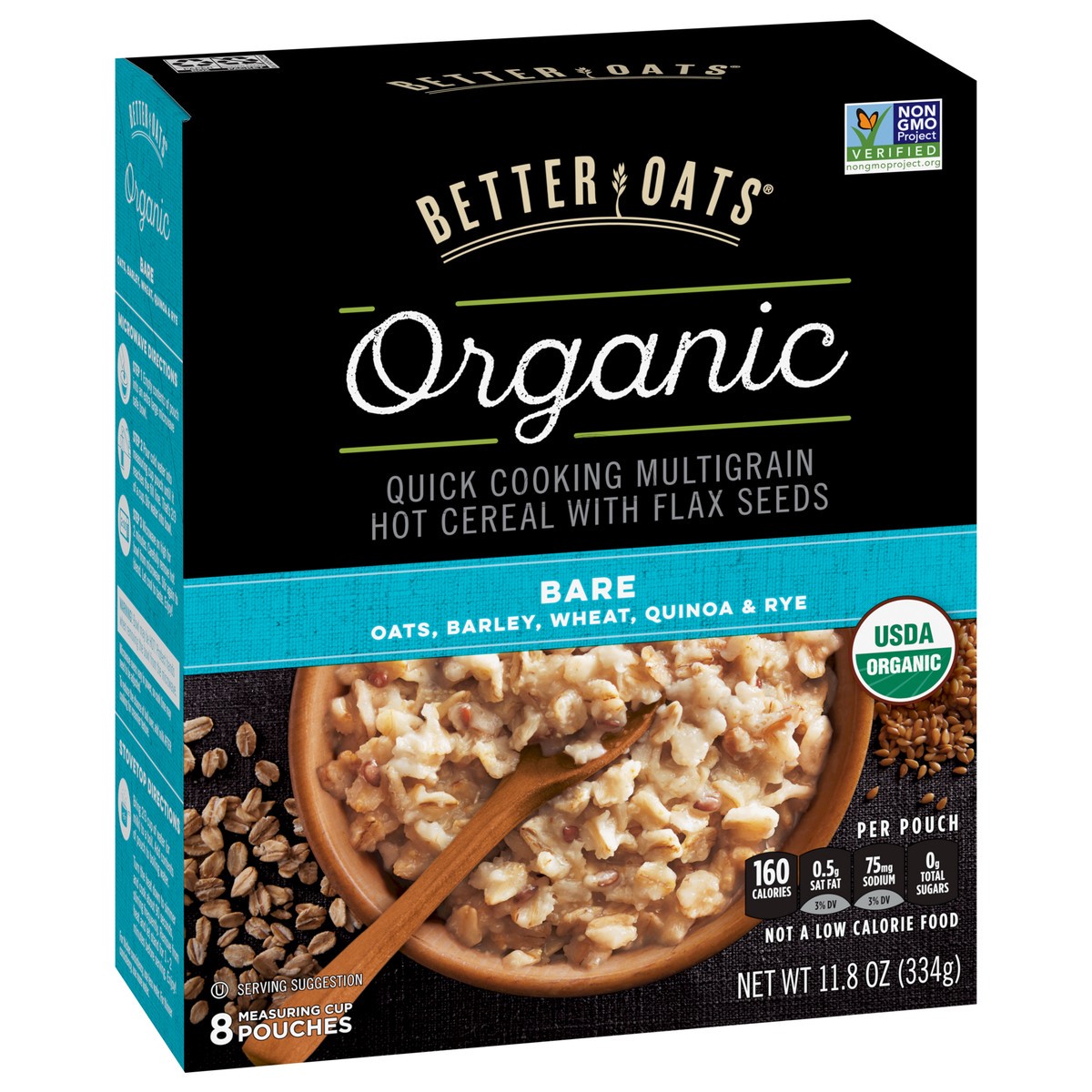 slide 9 of 9, Better Oats Bare Organic Multigrain Hot Cereal with Flax Seeds, 8 Instant Multigrain Hot Cereal Pouches, 11.8 OZ Pack, 11.8 oz