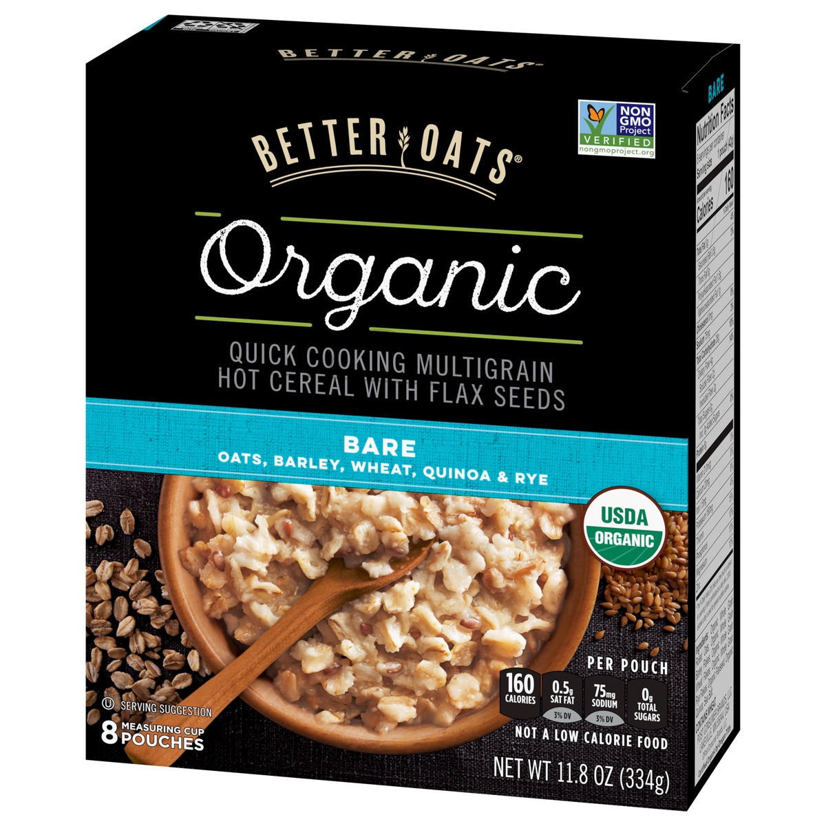 slide 8 of 9, Better Oats Bare Organic Multigrain Hot Cereal with Flax Seeds, 8 Instant Multigrain Hot Cereal Pouches, 11.8 OZ Pack, 11.8 oz