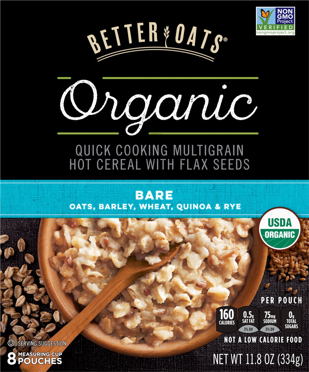 slide 3 of 9, Better Oats Bare Organic Multigrain Hot Cereal with Flax Seeds, 8 Instant Multigrain Hot Cereal Pouches, 11.8 OZ Pack, 11.8 oz