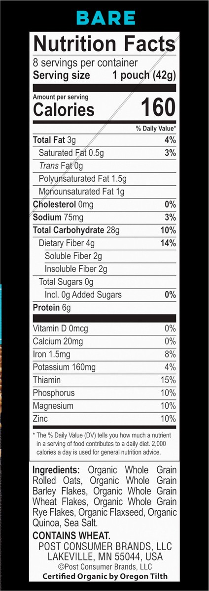 slide 5 of 9, Better Oats Bare Organic Multigrain Hot Cereal with Flax Seeds, 8 Instant Multigrain Hot Cereal Pouches, 11.8 OZ Pack, 11.8 oz