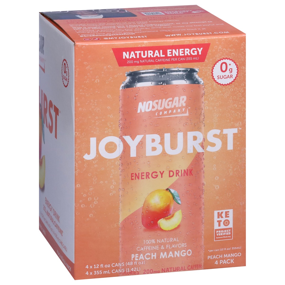 slide 2 of 9, No Sugar Company Joyburst Peach Mango Energy Drink - 4 ct, 4 ct
