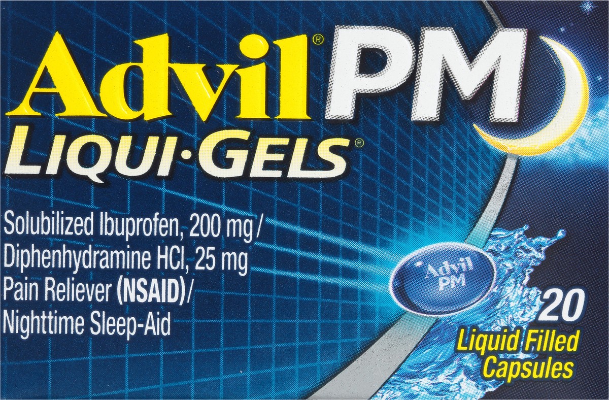 slide 6 of 9, Advil Pain Reliever/Nighttime Sleep Aid, Liqui-Gels, 20 Each, 20 ct