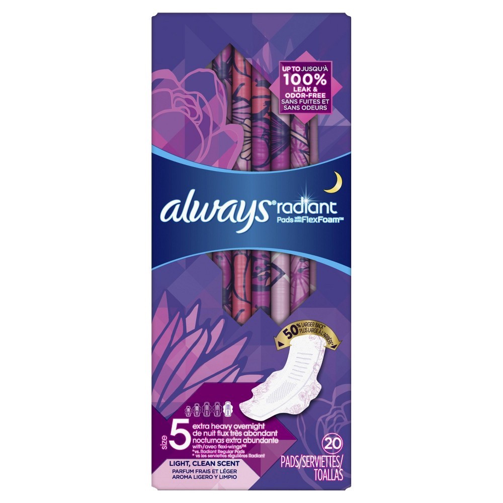 slide 2 of 6, Always Radiant Scented Pads - Extra Heavy Overnight Flow - Size 5, 20 ct