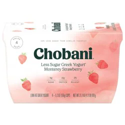 Chobani Less Sugar Reduced Fat Greek Yogurt Ripe Strawberry 5.3oz 4pk