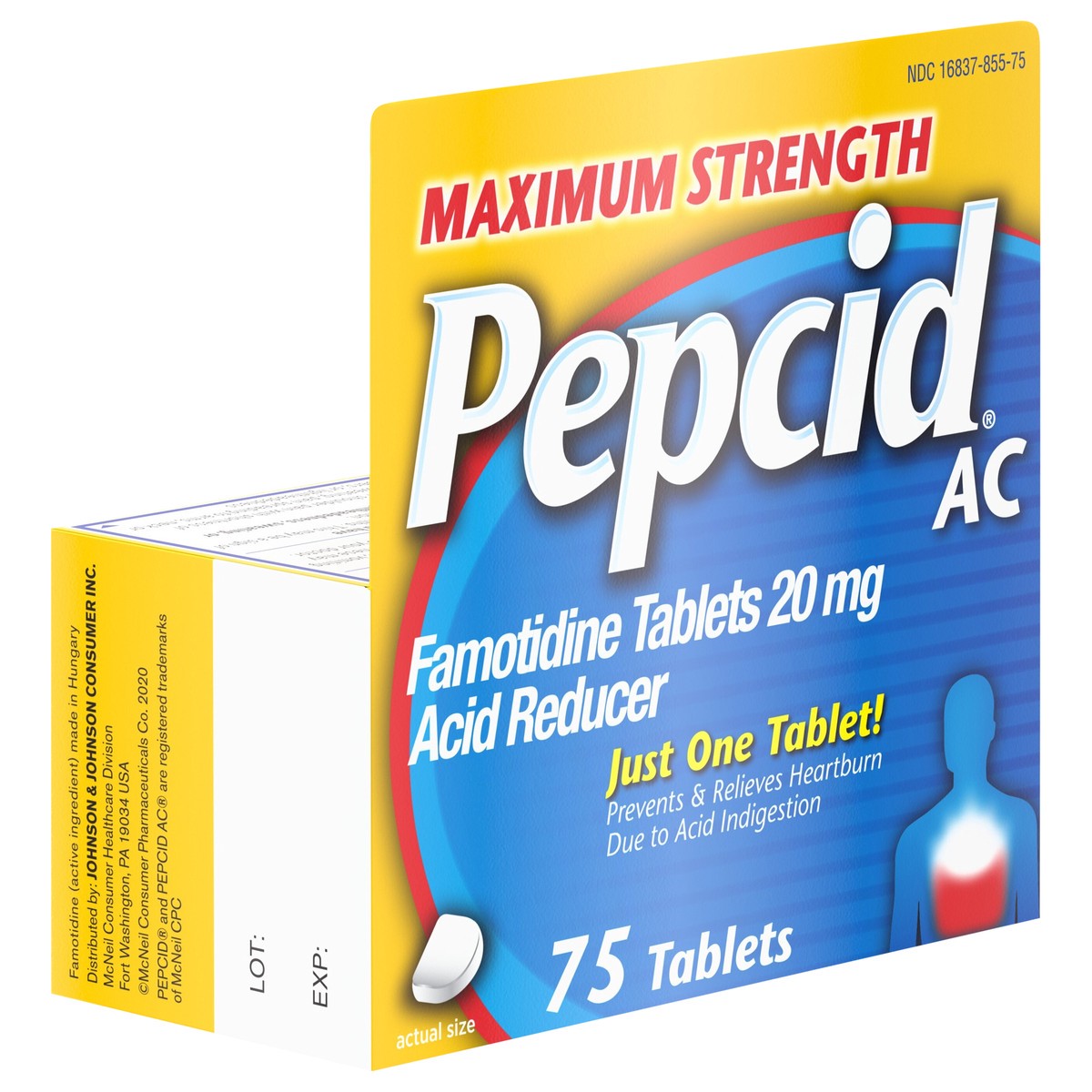 slide 5 of 8, Pepcid AC Maximum Strength Heartburn Relief Tablets, Prevents & Relieves Heartburn Due to Acid Indigestion & Sour Stomach, 20mg of Famotidine to Reduce & Control Acid, Fast-Acting, 75 Ct, 75 ct