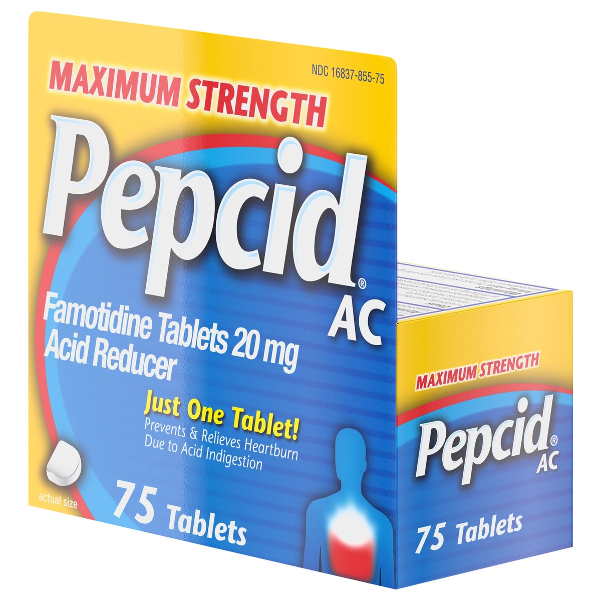 slide 8 of 8, Pepcid AC Maximum Strength Heartburn Relief Tablets, Prevents & Relieves Heartburn Due to Acid Indigestion & Sour Stomach, 20mg of Famotidine to Reduce & Control Acid, Fast-Acting, 75 Ct, 75 ct