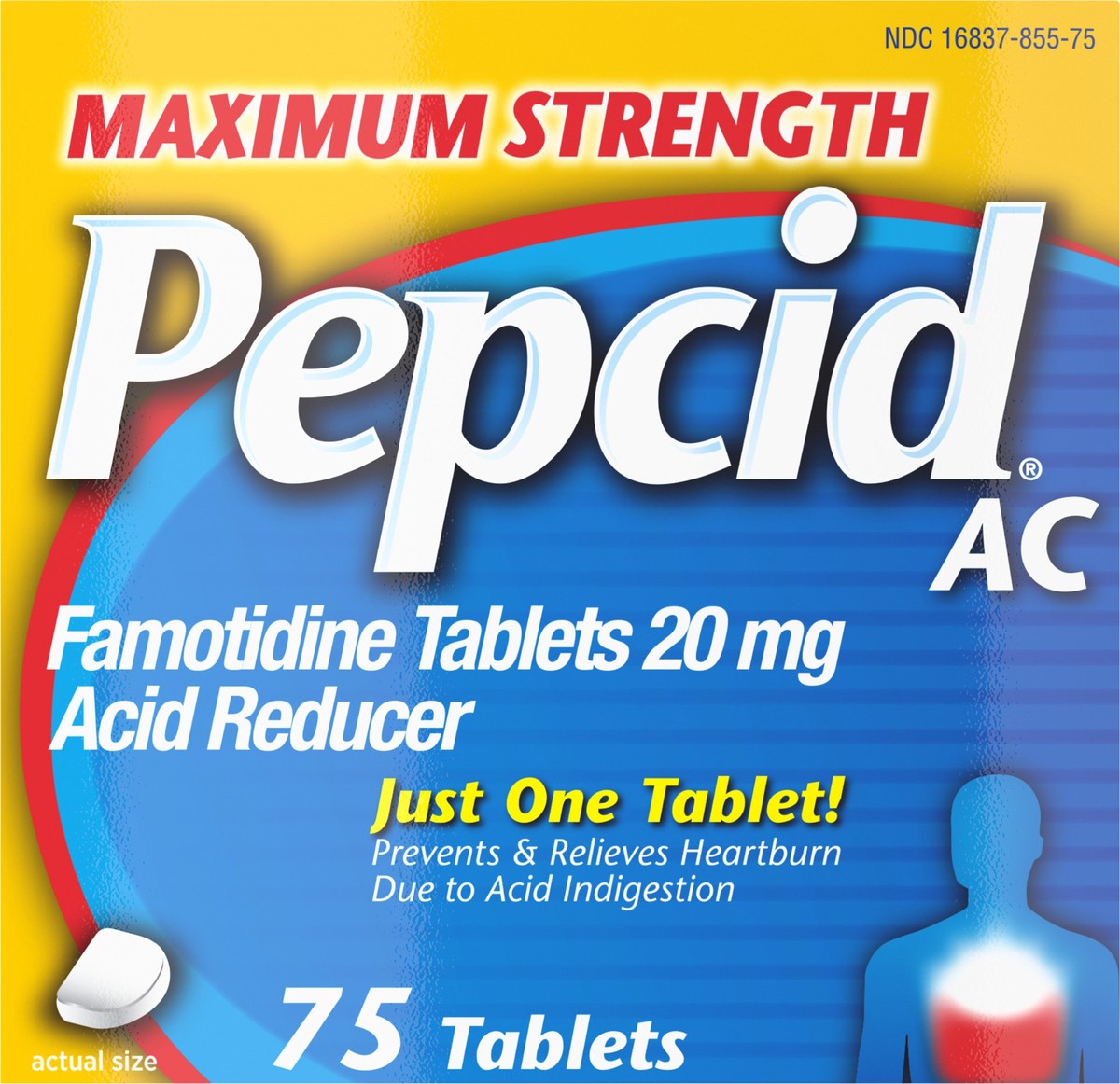 slide 6 of 8, Pepcid AC Maximum Strength Heartburn Relief Tablets, Prevents & Relieves Heartburn Due to Acid Indigestion & Sour Stomach, 20mg of Famotidine to Reduce & Control Acid, Fast-Acting, 75 Ct, 75 ct