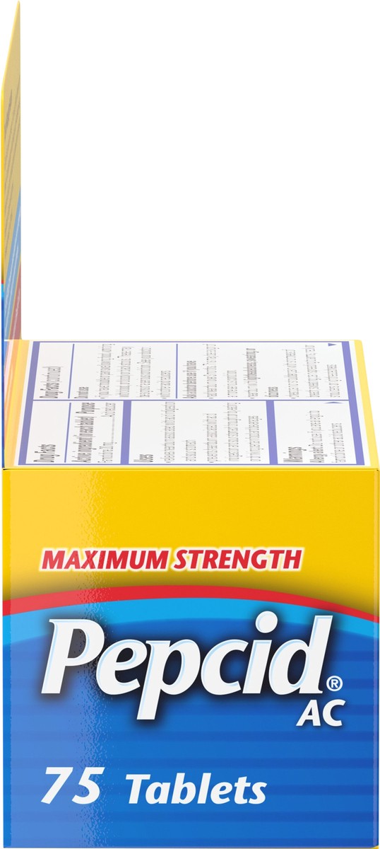 slide 7 of 8, Pepcid AC Maximum Strength Heartburn Relief Tablets, Prevents & Relieves Heartburn Due to Acid Indigestion & Sour Stomach, 20mg of Famotidine to Reduce & Control Acid, Fast-Acting, 75 Ct, 75 ct