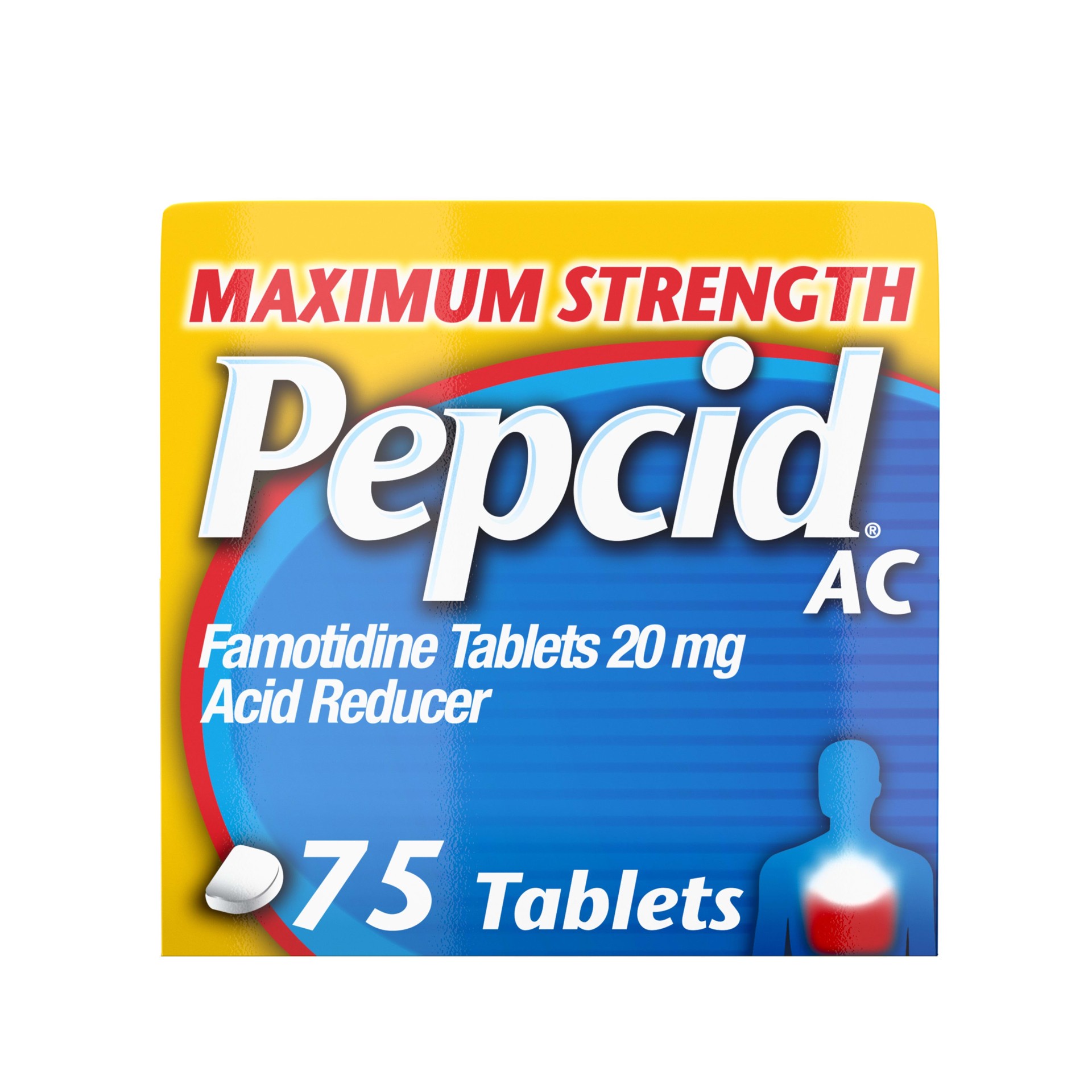 slide 1 of 8, Pepcid AC Maximum Strength Heartburn Relief Tablets, Prevents & Relieves Heartburn Due to Acid Indigestion & Sour Stomach, 20mg of Famotidine to Reduce & Control Acid, Fast-Acting, 75 Ct, 75 ct