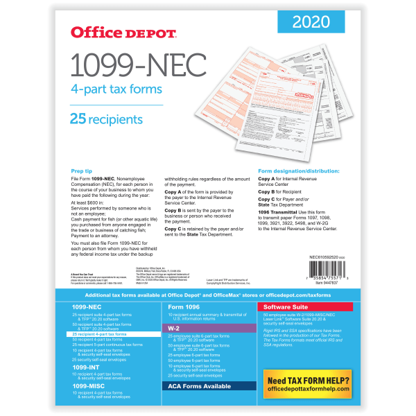 slide 2 of 3, Office Depot Brand 1099-Nec Laser Tax Forms, 2-Up, 4-Part, 8-1/2'' X 11'', Pack Of 25 Forms, 25 ct