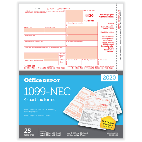 slide 1 of 3, Office Depot Brand 1099-Nec Laser Tax Forms, 2-Up, 4-Part, 8-1/2'' X 11'', Pack Of 25 Forms, 25 ct