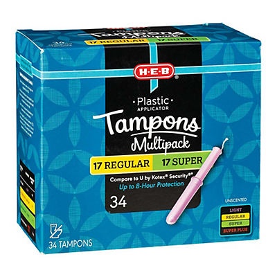 slide 1 of 1, H-E-B Plastic Unscented Multipack Tampons, 34 ct