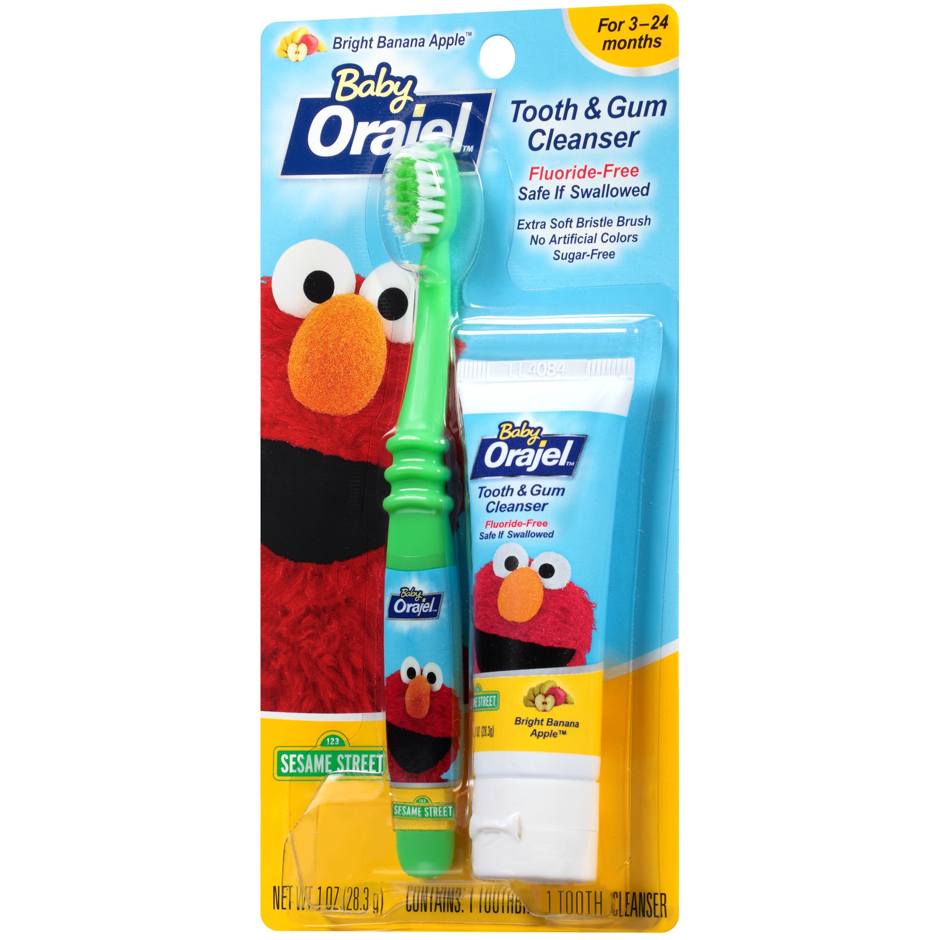 slide 3 of 3, Orajel Elmo Fluoride-Free Tooth & Gum Cleanser with Toothbrush, Combo Pack, Banana Apple Flavored Non-Fluoride, 1 oz., 1 oz