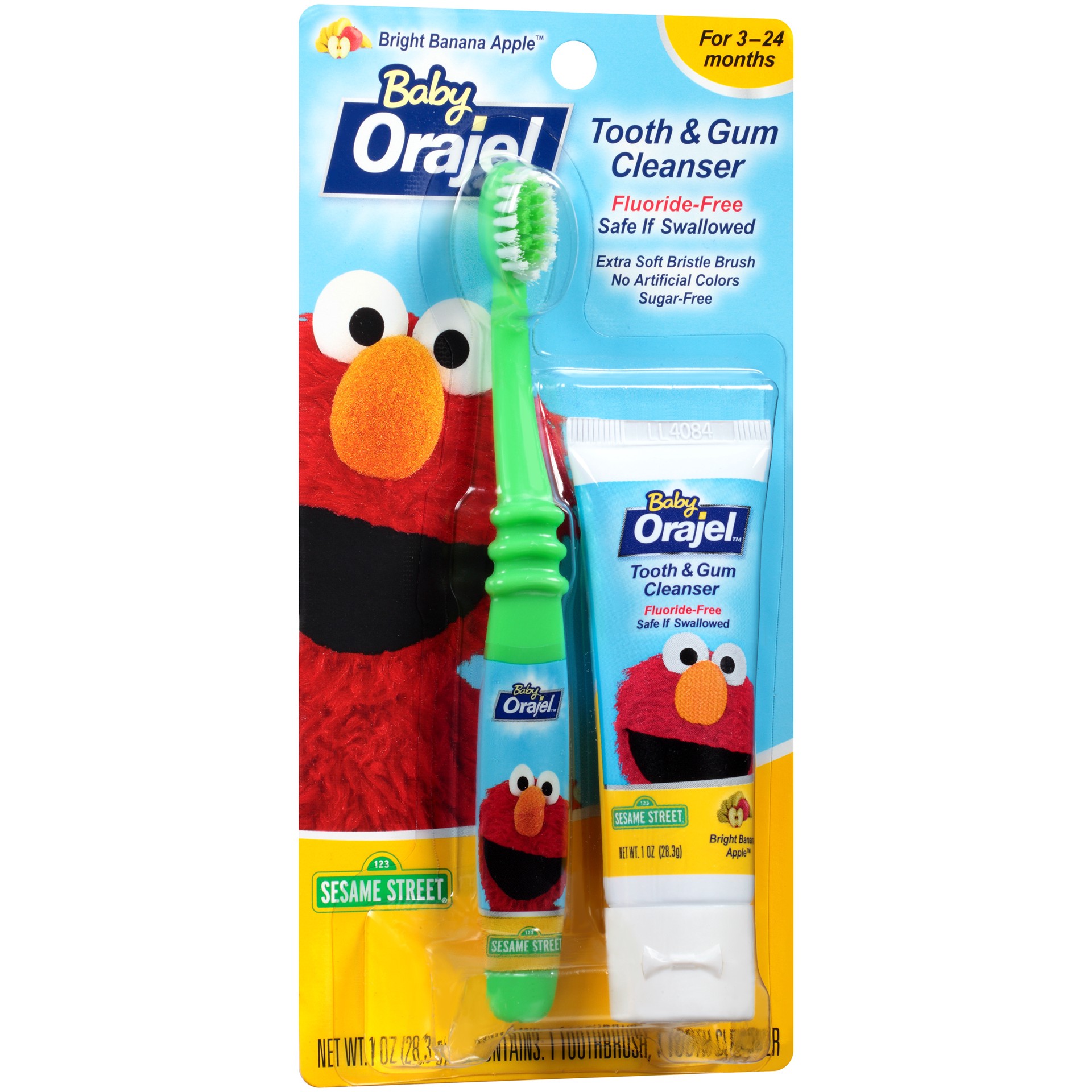 slide 2 of 3, Orajel Elmo Fluoride-Free Tooth & Gum Cleanser with Toothbrush, Combo Pack, Banana Apple Flavored Non-Fluoride, 1 oz., 1 oz