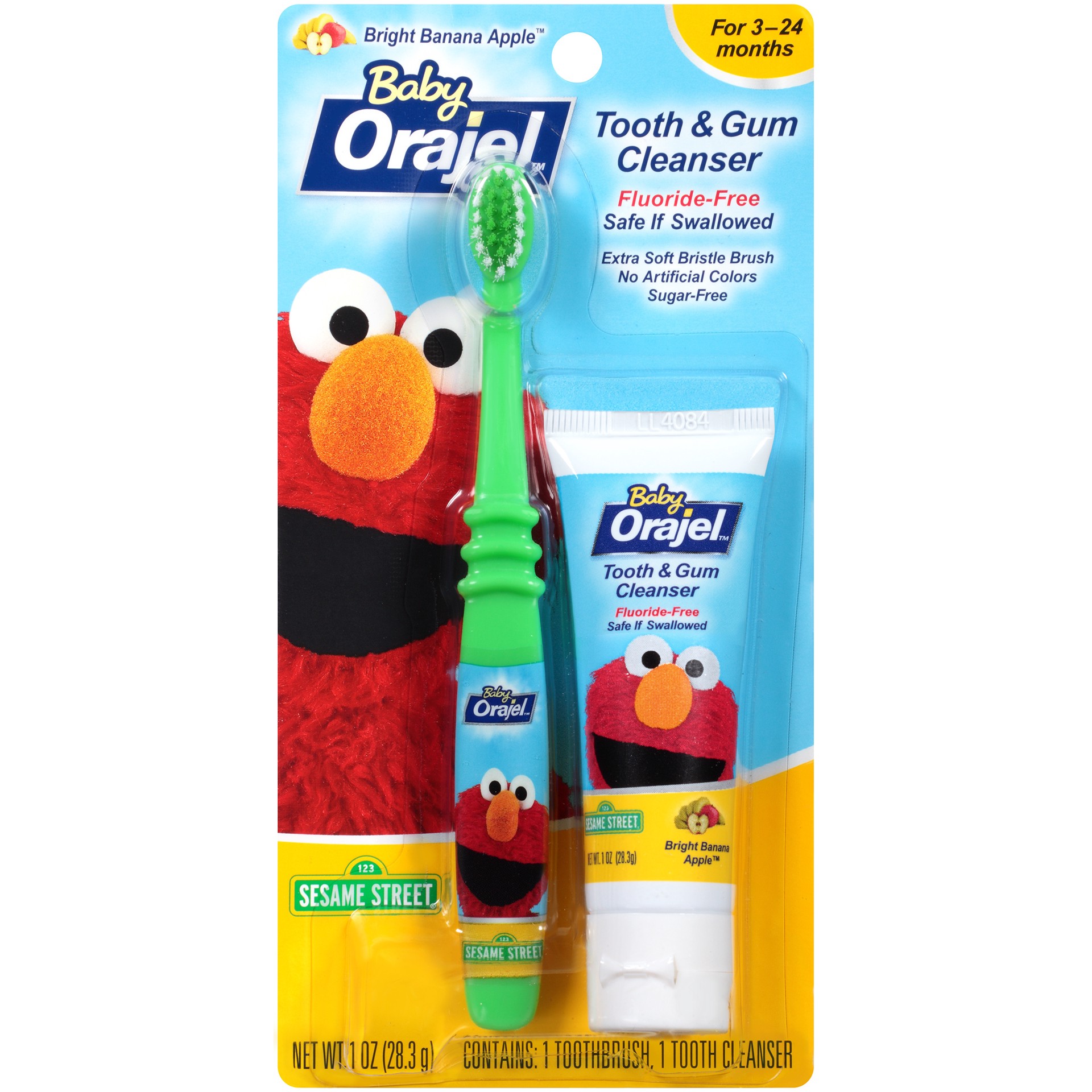 slide 1 of 3, Orajel Elmo Fluoride-Free Tooth & Gum Cleanser with Toothbrush, Combo Pack, Banana Apple Flavored Non-Fluoride, 1 oz., 1 oz