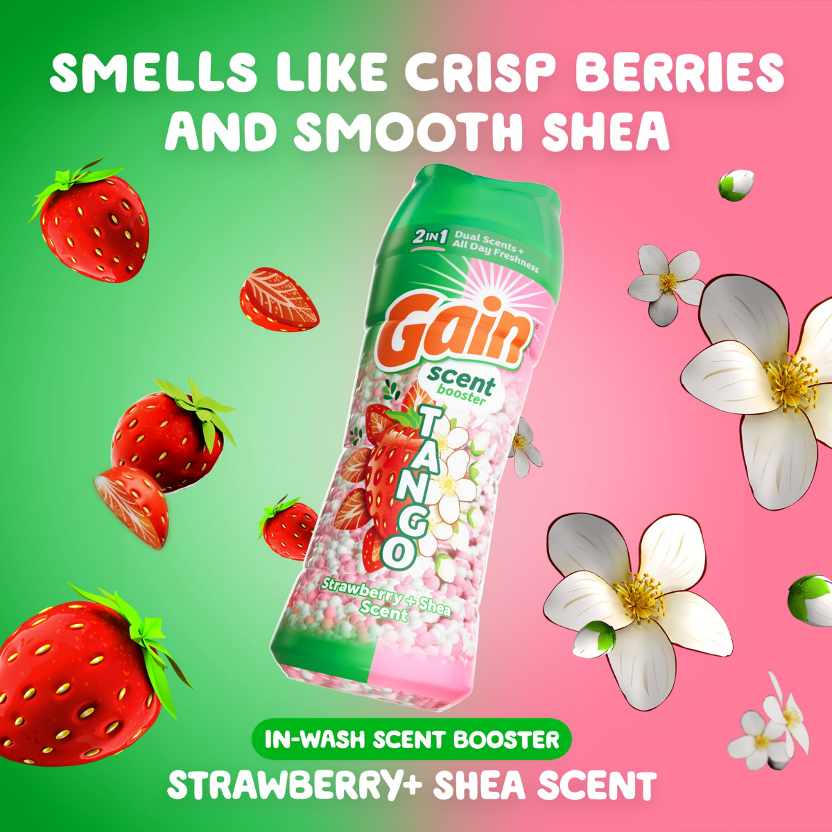 slide 4 of 8, Gain Tango 2-in-1 Laundry Scent Booster Beads, Strawberry and Shea Scent, 10.7 oz, Laundry Beads with Dual Scents Plus All Day Freshness, 10.7 oz