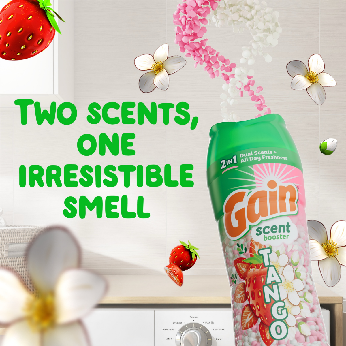 slide 5 of 8, Gain Tango 2-in-1 Laundry Scent Booster Beads, Strawberry and Shea Scent, 10.7 oz, Laundry Beads with Dual Scents Plus All Day Freshness, 10.7 oz