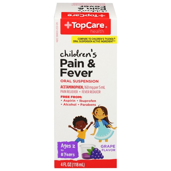 slide 1 of 6, TopCare Health 160 mg Children's Oral Suspension Grape Flavor Pain & Fever 4 fl oz, 4 oz