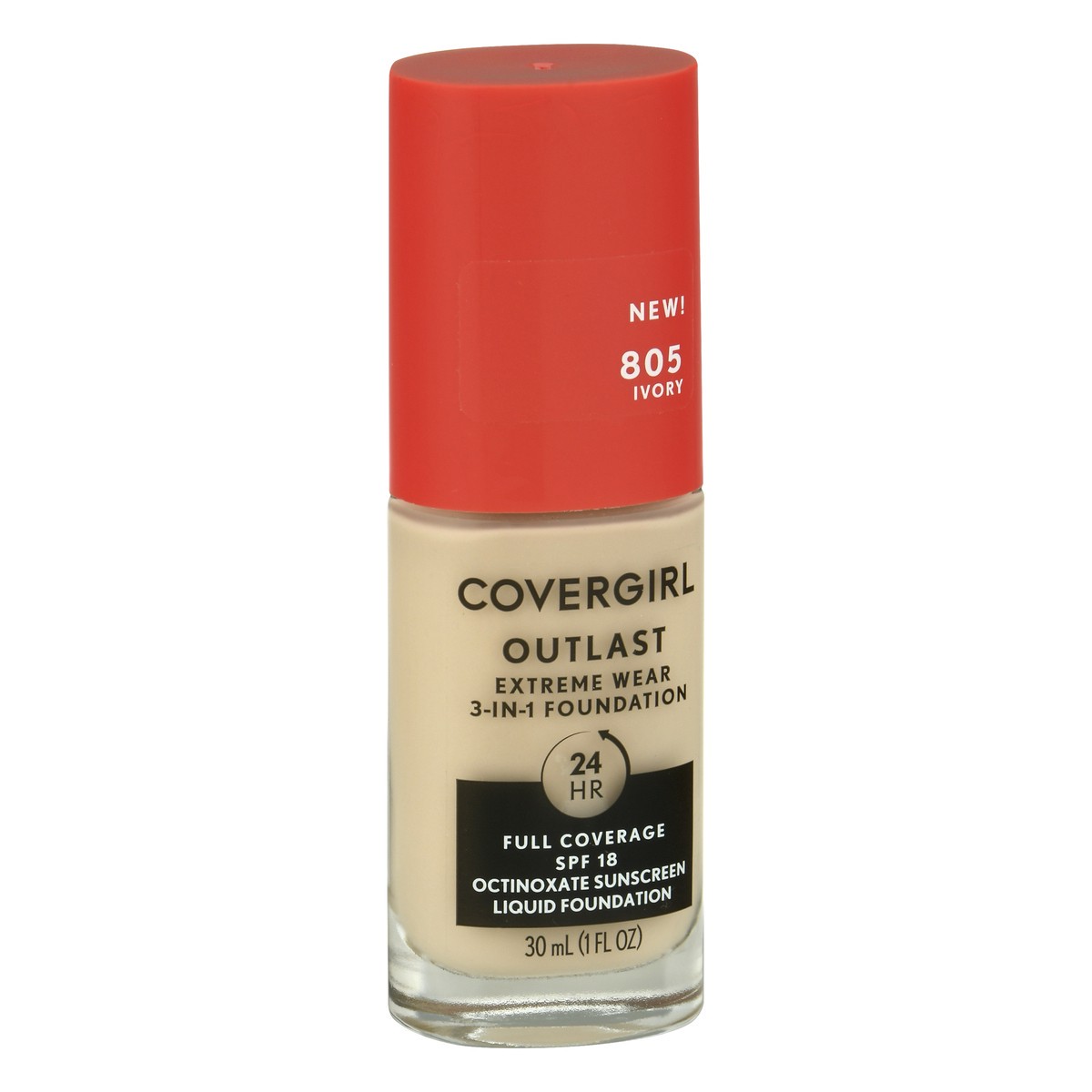 slide 7 of 9, Covergirl Outlast Extreme Wear 3-in-1 Full Coverage Liquid Foundation, SPF 18 Sunscreen, Ivory, 1 Fl. Oz., 30 ml