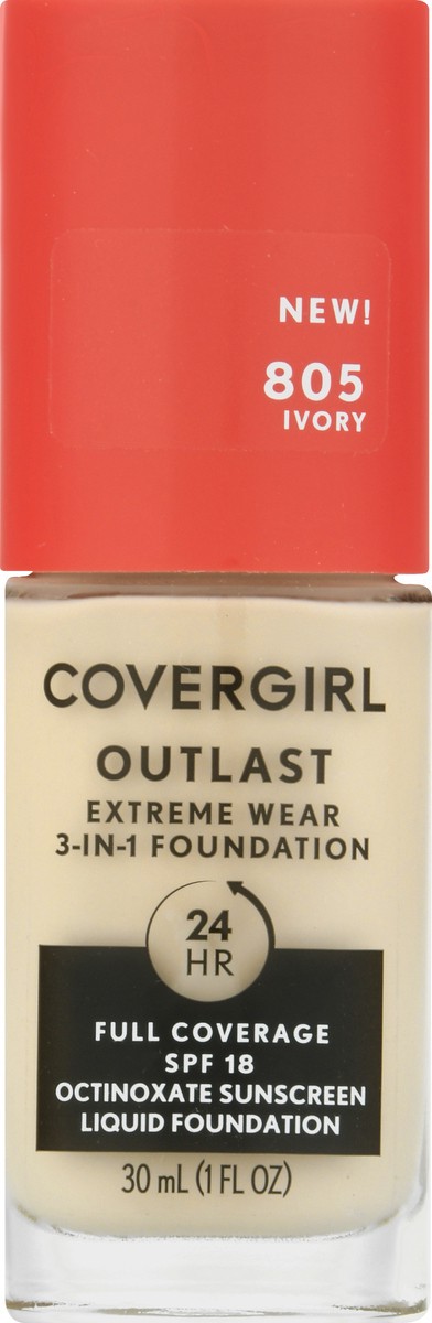 slide 3 of 9, Covergirl Outlast Extreme Wear 3-in-1 Full Coverage Liquid Foundation, SPF 18 Sunscreen, Ivory, 1 Fl. Oz., 30 ml