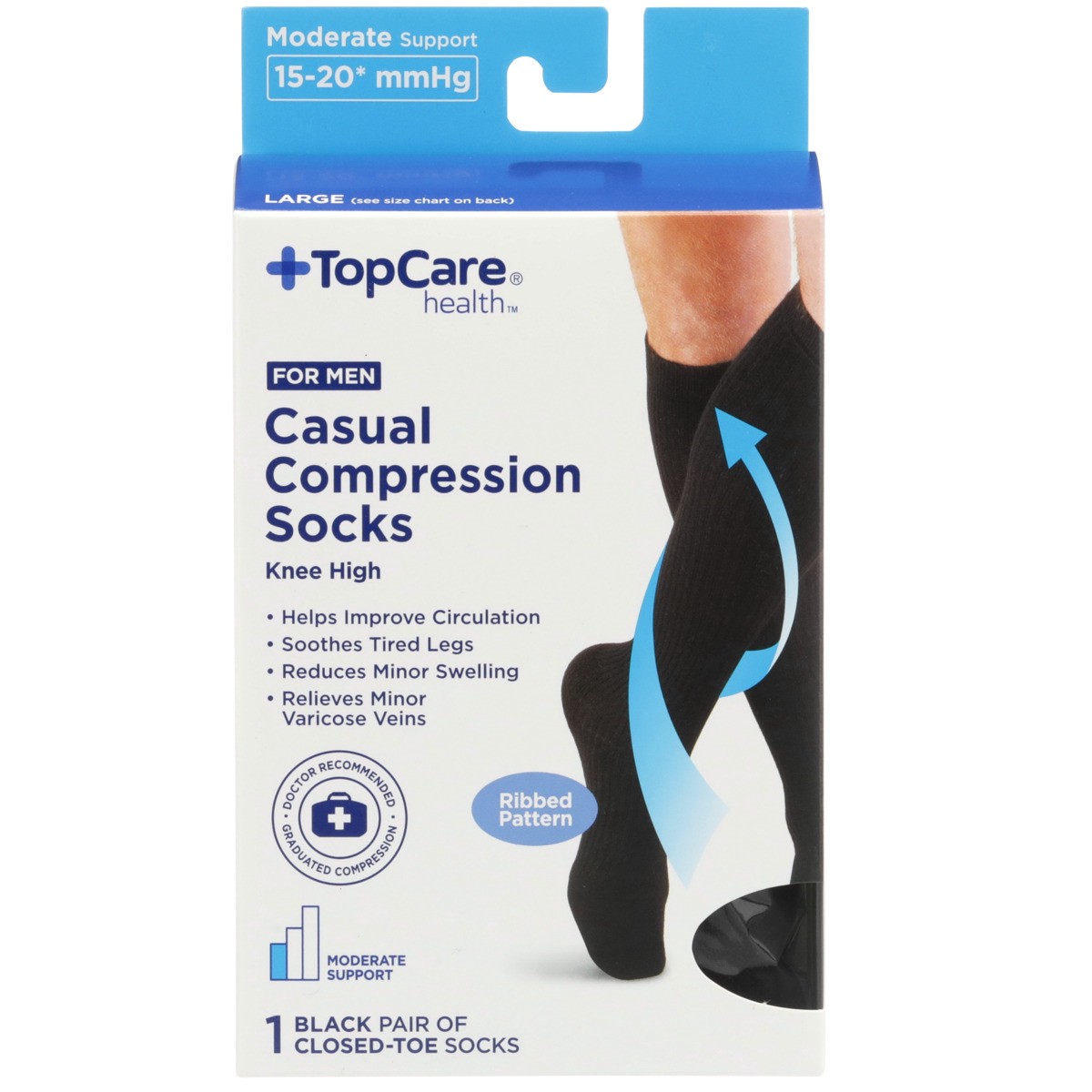 slide 5 of 8, TopCare Topcare Health Men Large Casual Compression Socks Knee High, Black Ribbed Patern, 1 pair