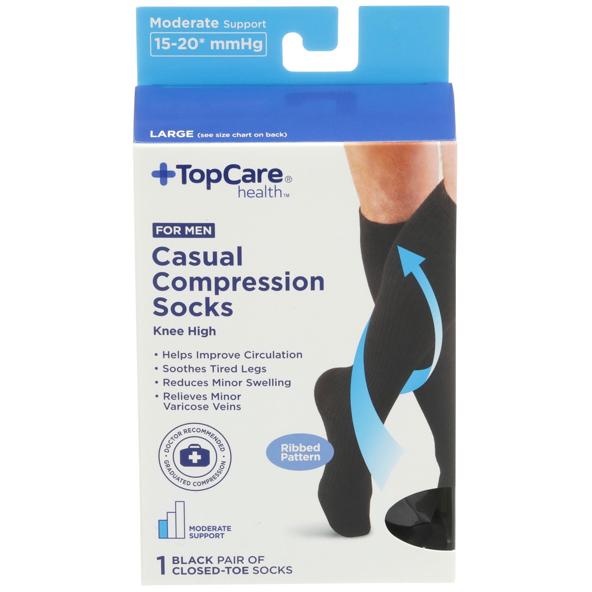 slide 1 of 8, TopCare Topcare Health Men Large Casual Compression Socks Knee High, Black Ribbed Patern, 1 pair