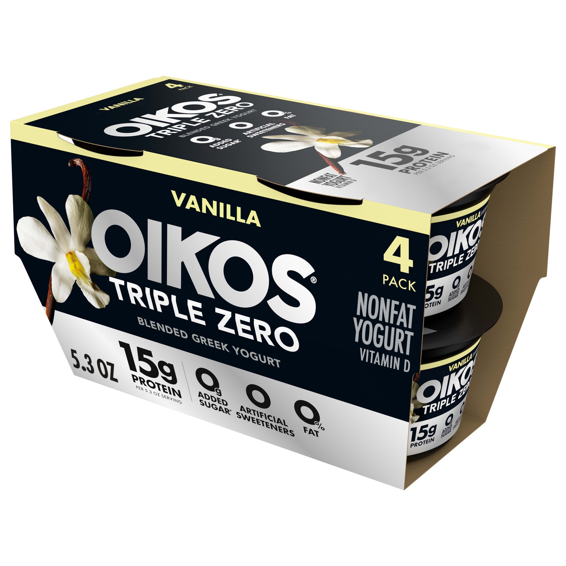 slide 1 of 9, Oikos Triple Zero Vanilla Nonfat Greek Yogurt Pack, 0% Fat, 0 Added Sugar and 0 Artificial Sweeteners, Just Delicious High Protein Yogurt, 4 Ct, 5.3 OZ Cups, 4 ct; 5.3 oz