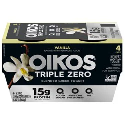 Oikos Vanilla 15g Protein, 0g Added Sugar, Nonfat Greek Yogurt Pack, 4 Ct, 5.3 OZ Cups