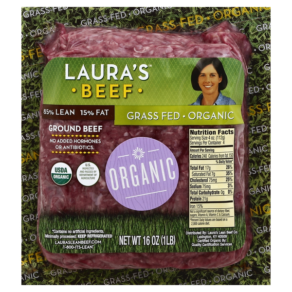 slide 1 of 1, Laura's Organic 85% Lean Ground Beef, 16 oz