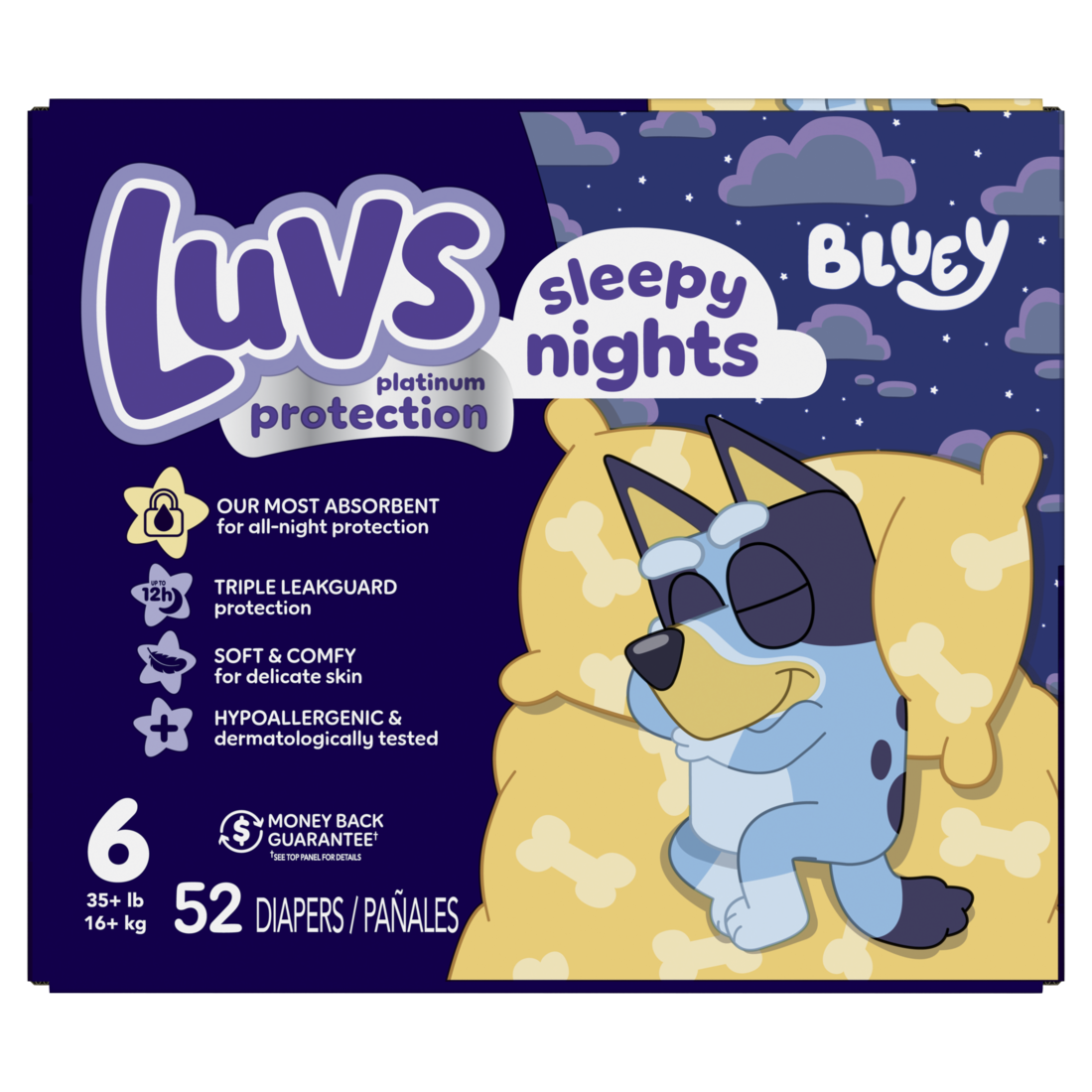 slide 1 of 1, Luvs Bluey Platinum Protection Overnight Baby Diapers - Size 6, 52 ct