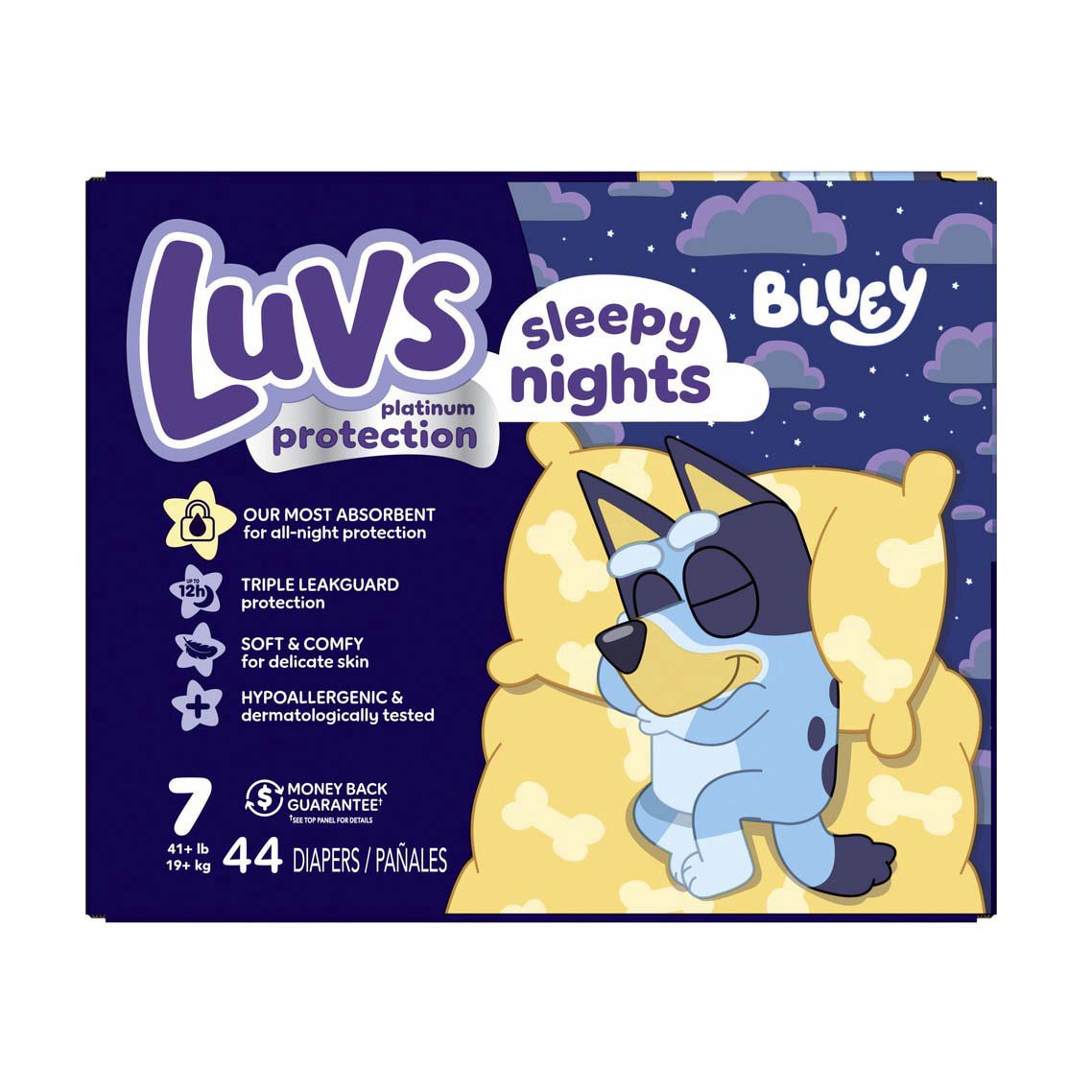 slide 1 of 1, Luvs Bluey Platinum Protection Overnight Baby Diapers - Size 7, 44 ct
