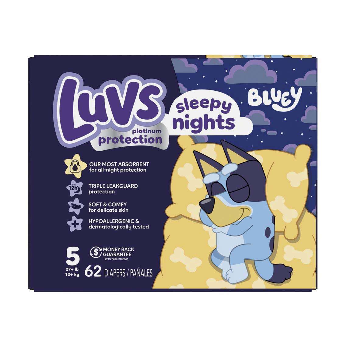 slide 1 of 1, Luvs Bluey Platinum Protection Overnight Baby Diapers - Size 5, 62 ct