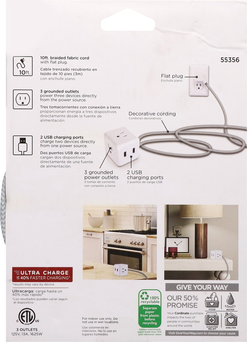 slide 7 of 10, Cordinate USB Charging Extension Cord Cube 10 Feet 1 ea, 1 ct