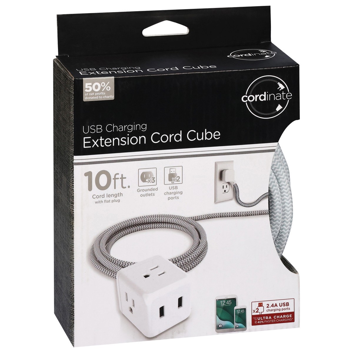 slide 10 of 10, Cordinate USB Charging Extension Cord Cube 10 Feet 1 ea, 1 ct