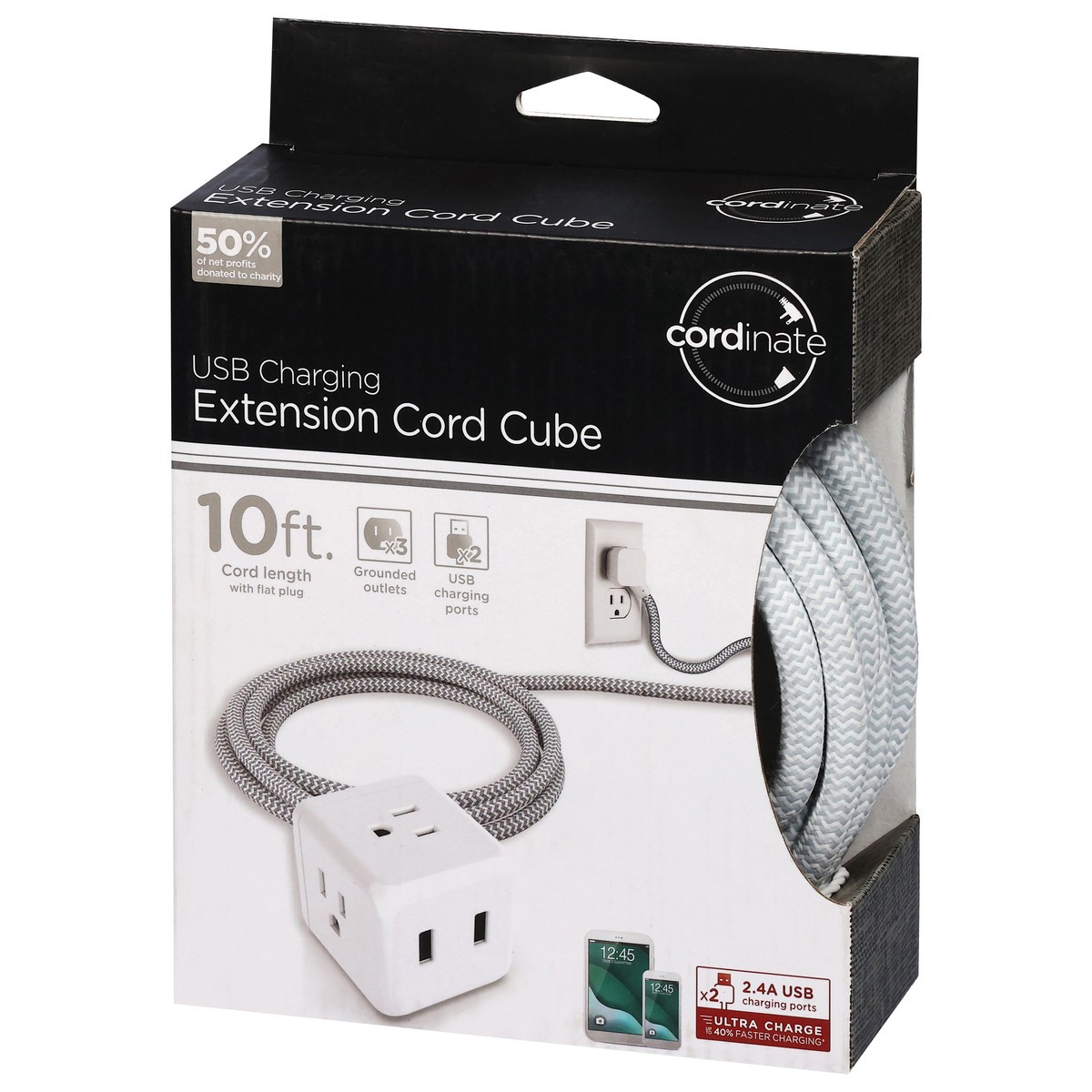 slide 4 of 10, Cordinate USB Charging Extension Cord Cube 10 Feet 1 ea, 1 ct